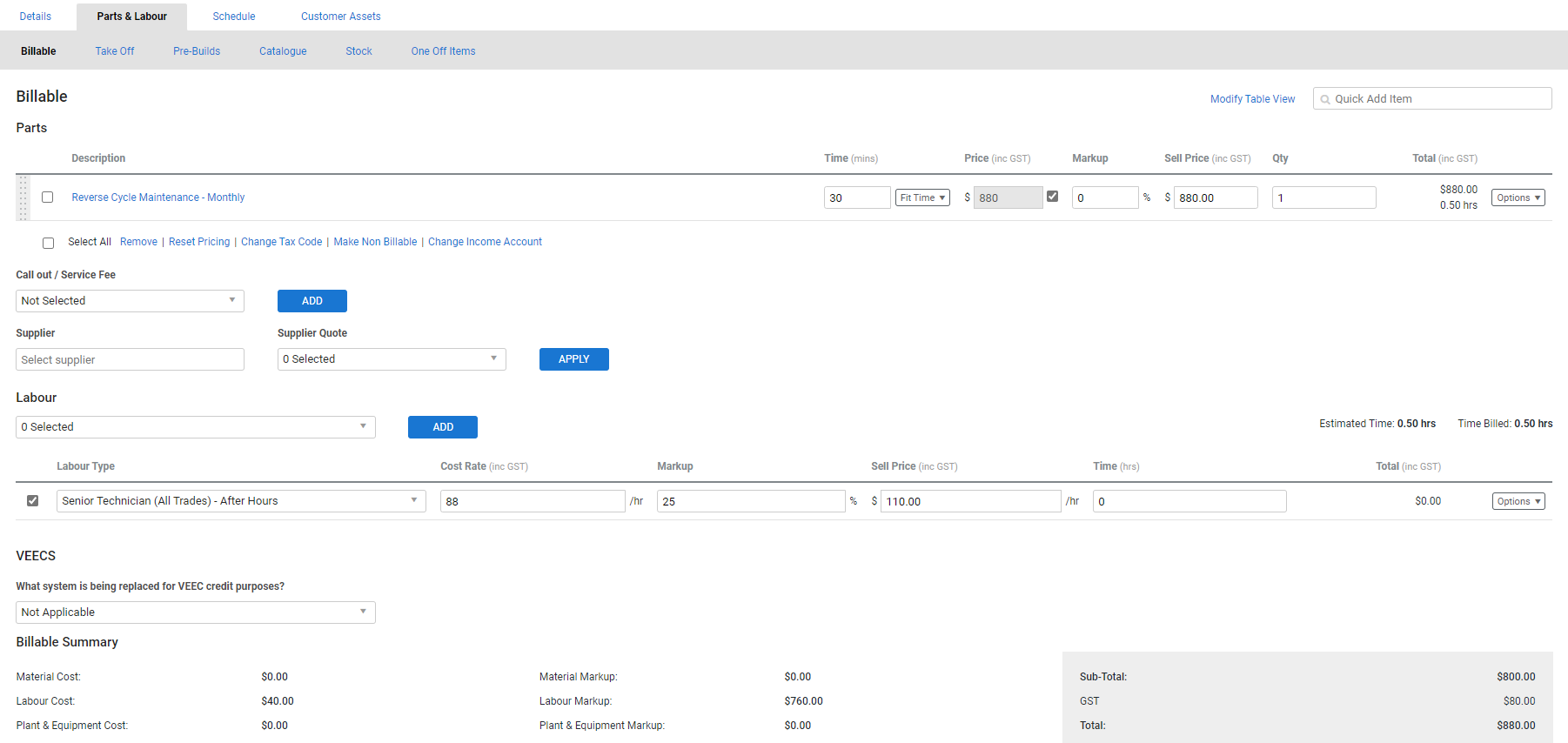 A screenshot of the options available for billable parts.